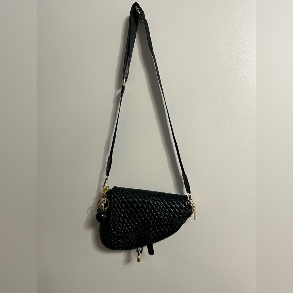 Black Woven Crossbody Bag with Gold Accent - Women's Shoulder Bag
